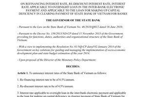 Decision No. 496/QD-NHNN refinancing interest rate interest rate applicable overnight loan