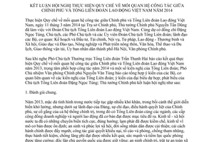 Thông báo 107/TB-VPCP Quy chế mối quan hệ công tác Chính phủ Tổng Liên đoàn lao động Việt Nam