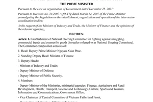 Decision No. 389/QD-TTg National Steering Committee for fighting against smuggling commercial frauds counterfeit goods