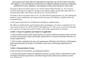 Circular No. 04/2014/TT-BTTTT on guidelines for Decree No. 88/2012/ND-CP foreign press agencies