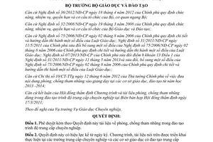 Quyết định 976/QĐ-BGDĐT phòng chống tham nhũng trong đào tạo trình độ trung cấp chuyên nghiệp