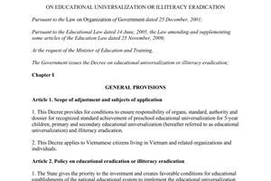 Decree No. 20/2014/ND-CP educational universalization or illiteracy eradication