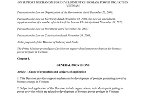 Decision No. 24/2014/QD-TTg support mechanism for development of biomass power projects in Vietnam
