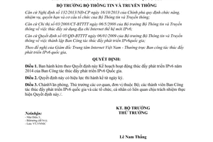 Quyết định 305/QĐ-BTTTT năm 2014 hoạt động thúc đẩy phát triển IPv6 Quốc gia