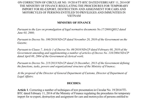 Decision No. 601/QD-BTC 2014 correction No. 19/2014/TT-BTC re-export assignment for cars motorcyles