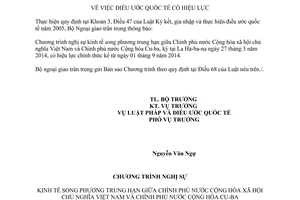 Thông báo hiệu lực Chương trình nghị sự kinh tế song phương trung hạn Việt Nam Cu-ba