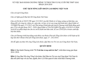 Quyết định 378/QĐ-TLĐ 2014 Chương trình Vì Trái tim và nụ cười trẻ thơ giai đoạn 2014 2018