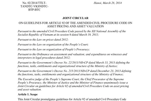 Joint Circular No. 02/2014/TTLT-TANDTC-VKSNDTC-BTP-BTC guidelines 92 amended Civil procedure Code
