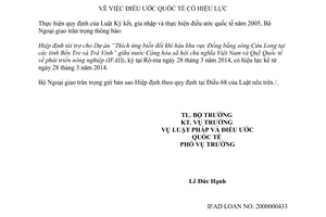 Thông báo 51/2015/TB-LPQT hiệu lực Hiệp định tài trợ Thích ứng biến đổi khí hậu