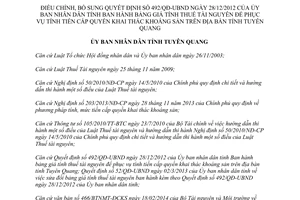 Quyết định 141/QĐ-UBND 2014 điều chỉnh 492/QĐ-UBND bảng giá tính thuế tài nguyên khoáng sản Tuyên Quang