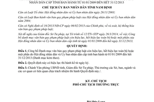 Quyết định 560/QĐ-UBND 2014 công bố Danh mục văn bản còn hết hiệu lực toàn bộ một phần Nam Định