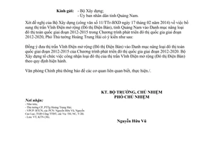 Công văn 1363/VPCP-KTN năm 2014 bổ sung thị trấn Vĩnh Điện Quảng Nam vào Danh mục nâng loại đô thị