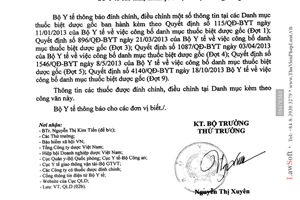 Công văn 1026/BYT-QLD 2014 đính chính điều chỉnh thông tin danh mục thuốc biệt dược gốc