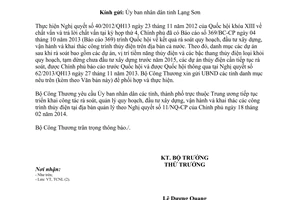 Công văn 1833/BCT-TCNL năm 2014 thông báo rà soát xây dựng vận hành khai thác công trình thủy điện