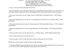 Công văn 4336/QLD-CL xử lý thuốc thành phẩm nguyên liệu làm thuốc Công ty Ranbaxy 2014