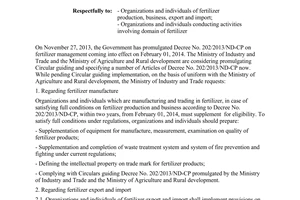 Official Dispatch No. 2114/BCT-HC implementation of Decree No. 202/2013/ND-CP on fertilizer management