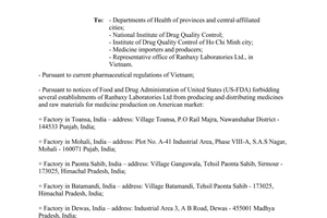 Official dispatch No. 4336/QLD-CL the finished medicine products raw materials of Ranbaxy Company