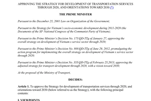 Decision No. 318/QD-TTg 2014 development of transportation services 2020 2030