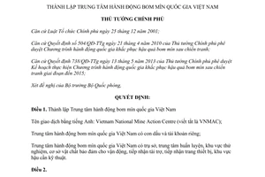 Quyết định 319/QĐ-TTg năm 2014 thành lập Trung tâm hành động bom mìn quốc gia