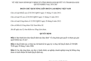 Quyết định 254/QĐ-TLĐ 2014 công đoàn giải quyết tham gia giải quyết khiếu nại tố cáo