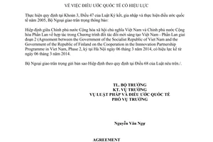 Thông báo hiệu lực Hiệp định hợp tác đổi mới sáng tạo Việt Nam Phần Lan