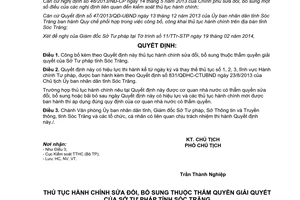 Quyết định 160/QĐHC-CTUBND thủ tục hành chính thuộc thẩm quyền giải quyết sở tư pháp Sóc Trăng 2014