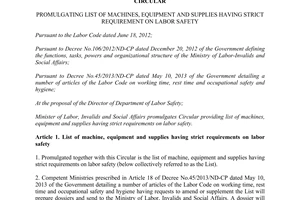 Circular No. 05/2014/TT-BLDTBXH machines equipment and supplies having strict requirement on labor safety