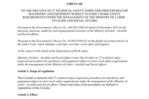 Circular No. 07/2014/TT-BLDTBXH technical safety inspection procedures for machinery equipment subject