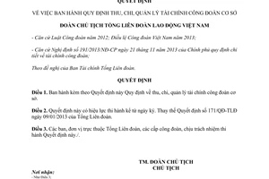 Quyết định 272/QĐ-TLĐ  năm 2014 thu chi quản lý tài chính công đoàn cơ sở