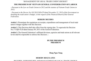 Decision No. 272/QD-TLD dated 2014 receipts expenditures and management of local trade union’s budget