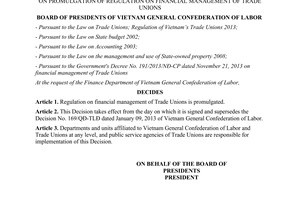 Decision No. 269/QD-TLD dated 2014 promulgation of regulation on financial management of trade unions