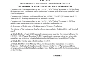 Circular No. 14/2014/TT-BNNPTNT promulgating lists of highyield livestock breeds
