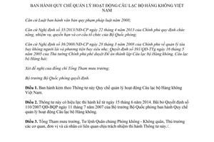 Thông tư 20/2014/TT-BQP Quy chế quản lý hoạt động Câu lạc bộ Hàng không Việt Nam