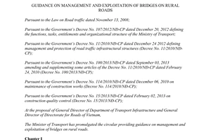 Circular No. 12/2014/TT-BGTVT guidance on management and exploitation of bridges on rural roads