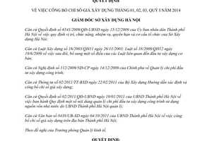 Quyết định 2816/QĐ-SXD công bố Chỉ số giá xây dựng tháng 1 2 3 Quý I 2014 Hà Nội