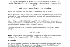 Quyết định 901/QĐ-UBND nâng cao năng suất chất lượng sản phẩm hàng hóa Thái Bình 2014 2020