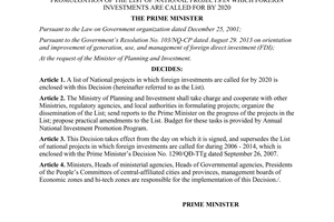 Decision No. 631/QĐ-TTg 2014 list of national projects in which foreign investments are called for by 2020