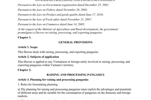 Decree No. 36/2014/ND-CP on raising processing exporting pangasius