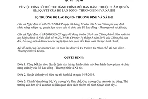 Quyết định 521/QĐ-LĐTBXH năm 2014 thủ tục hành chính mới thuộc Bộ Lao động Thương binh Xã hội