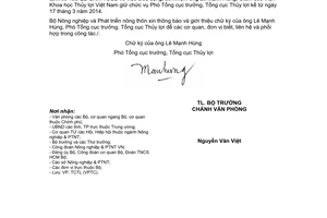 Thông báo 1730/TB-BNN-VP 2014 giới thiệu chữ ký Lê Mạnh Hùng Phó Tổng cục trưởng Tổng cục Thủy lợi