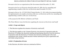 Decision No. 28/2014/QD-TTg regulations on structure of electricity retail tariff