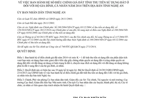 Quyết định 28/2014/QĐ-UBND hệ số điều chỉnh tiền sử dụng đất ở hộ gia đình cá nhân 2014 Nghệ An