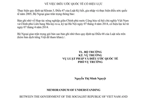 Thông báo hiệu lực Bản ghi nhớ Hợp tác nông nghiệp giữa Việt Nam Ma-lay-xi-a