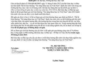 Công văn 1662/BGDĐT-KHCNMT số đề tài gửi xét thưởng Tài năng khoa học trẻ Việt Nam 2014