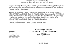 Công văn 1110/TCT-TNCN thuế TNCN chuyển nhượng cổ phần của cổ đông trong công ty cổ phần 2014