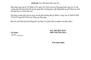 Công văn 3671/TCHQ-CCHĐH  thủ tục hải quan đối với hàng hóa xuất nhập khẩu tại chỗ năm 2014