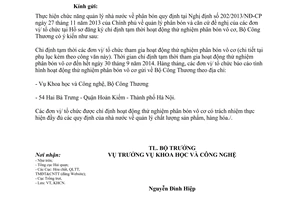 Công văn 3167/BCT-KHCN 2014 chỉ định tạm thời hoạt động thử nghiệm phân bón vô cơ