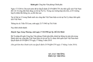 Công văn 2082/HTQTCT-QT năm 2014 đính chính danh sách công dân cư trú Na Uy thôi quốc tịch Việt Nam