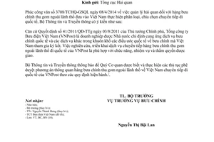 Công văn 1171/BTTTT-BC năm 2014 hàng bưu chính ngoài lãnh thổ chuyển tiếp đi quốc tế