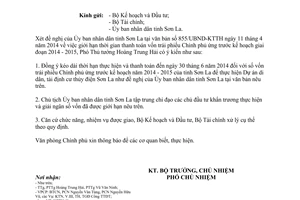 Công văn 2823/VPCP-KTTH 2014 giới hạn thanh toán vốn trái phiếu di dân tái định cư Thủy điện Sơn La
